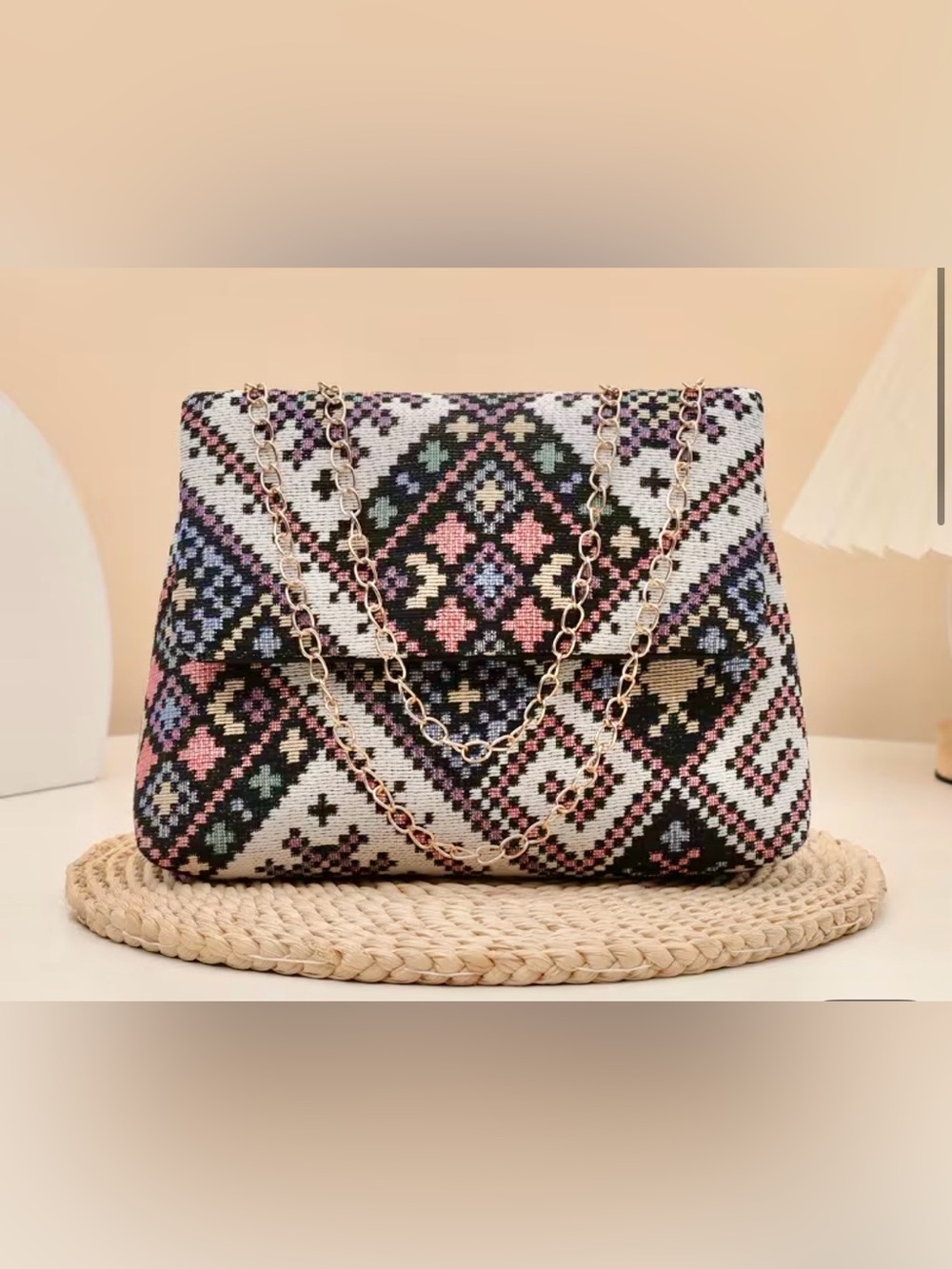 NEW Embroidered Multicolor Shoulder Bag with Gold Chain Strap